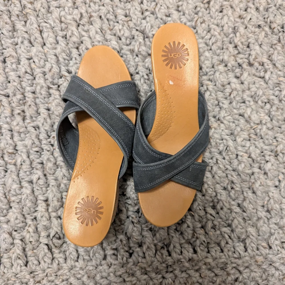 UGG Crisscross Slide Sandals in Dark Gray with Tan Footbed